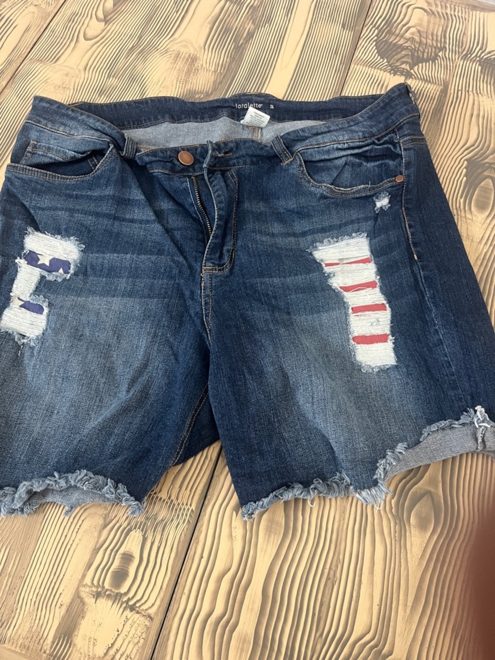 loralette Dark Blue Distressed Denim Shorts with Flag Patch Detail